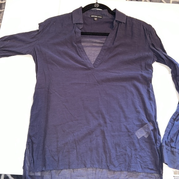 James Perse Shirt Womens 0 Navy Blue Collard Side Split Hem V Neck Blouse Flowy - Picture 9 of 9